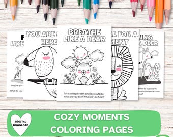May include: A collection of black and white coloring pages with animal illustrations and the text "Breathe Like a Bear" and "Cozy Moments Coloring Pages." Colored pencils are arranged at the top of the image.