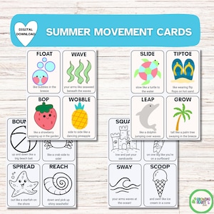 Zomerbewegingskaarten voor peuters Kleuterschool Brutomotorische activiteit Cirkel met natuurthema Tijdkaarten Brain Break en buitenspelen Afdrukbaar