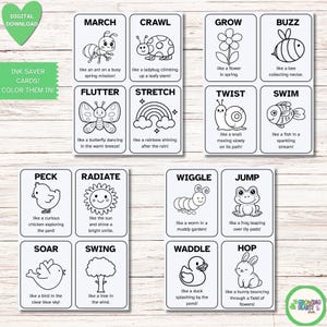 May include: A collection of black and white printable cards featuring spring-themed illustrations and words such as "March," "Crawl," "Grow," and "Buzz." Each card displays a drawing of an ant, ladybug, flower, and bee, respectively. The cards are marked as a "Digital Download" and encourage users to "Color Them In!"