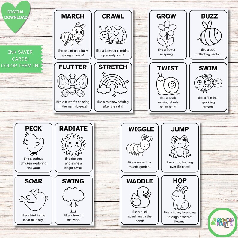 May include: A collection of black and white printable cards featuring spring-themed illustrations and words such as "March," "Crawl," "Grow," and "Buzz." Each card displays a drawing of an ant, ladybug, flower, and bee, respectively. The cards are marked as a "Digital Download" and encourage users to "Color Them In!"