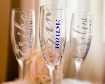 Personalized Bridesmaid Glasses, Wedding Party Flutes, Custom Champagne Glasses, Bridal Shower Glasses, Bridal Party Glasses