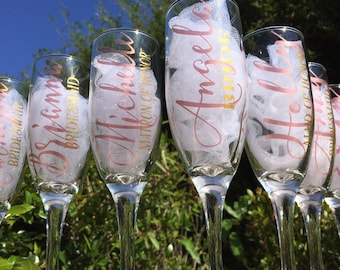 Rose gold Champagne Glasses, Set of 4,  Bridesmaid Glasses Rose Gold, Personalized wedding glasses, bridesmaid proposal, bridesmaid gifts