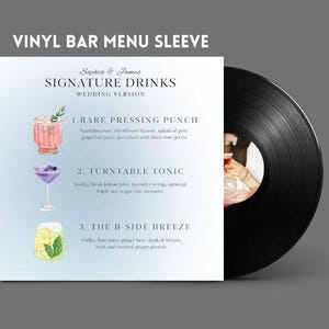 May include: A vinyl record sleeve with a bar menu design. The menu features three signature drinks: Rare Pressing Punch, Turntable Tonic, and The B-Side Breeze. The sleeve is white with a light blue gradient and black text.