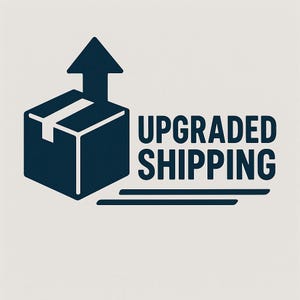 May include: A navy blue graphic with a box, an upward arrow, and the words "UPGRADED SHIPPING". The box has a white stripe across the top. Three horizontal lines are below the text.