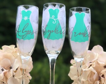 Bridesmaid dress glasses, personalized champagne glasses, bridesmaid proposal, champagne flutes, wedding glasses, custom flutes