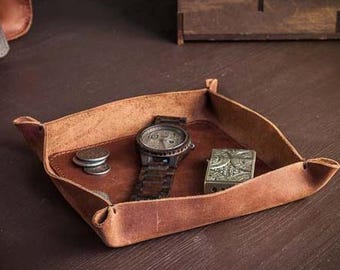Personalized leather desk tray, Desk organizer tray, Leather catch all tray, Customized leather tray, Handmade leather valet tray