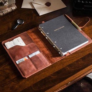 Caderno de couro personalizado, Caderno de couro recarregável A5, Caderno de couro com bolsos, Caderno de negócios, Capa de fichário gravada