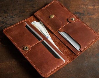Cartera larga de cuero personalizada, Cartera plegable larga, Cartera de cuero con iniciales, Cartera larga de cuero para hombre, Cartera plegable delgada de cuero
