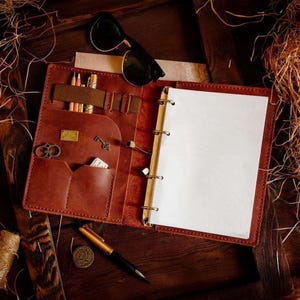 Agenda de fichário de couro, caderno de fichário personalizado, capa para fichário de 6 argolas, fichário de couro de 3 argolas personalizado, fichário recarregável A5
