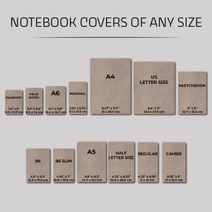 Puede incluir: Imagen que muestra varios tama&ntilde;os de cubiertas de cuadernos, incluyendo Passport, Field Notes, A6, Personal, A4, US Letter Size y Sketchbook. Medidas en pulgadas y cm.