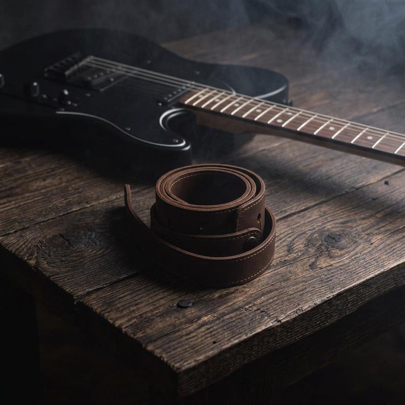 K&ouml;nnte beinhalten: Ein aufgerollter Gitarrengurt aus dunkelbraunem Leder mit sichtbaren N&auml;hten und einem metallischen Knopfverschluss, platziert neben einer schwarzen E-Gitarre auf einer dunklen Holzoberfl&auml;che mit einem dezenten Raucheffekt im Hintergrund.