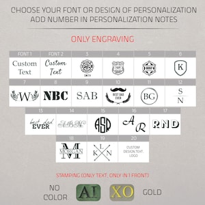 Puede incluir: Imagen que muestra opciones de fuentes y dise&ntilde;os para personalizaci&oacute;n, incluyendo texto personalizado, insignias, iniciales y logotipos. Opciones de grabado y estampado disponibles, con opciones de color como oro y verde.