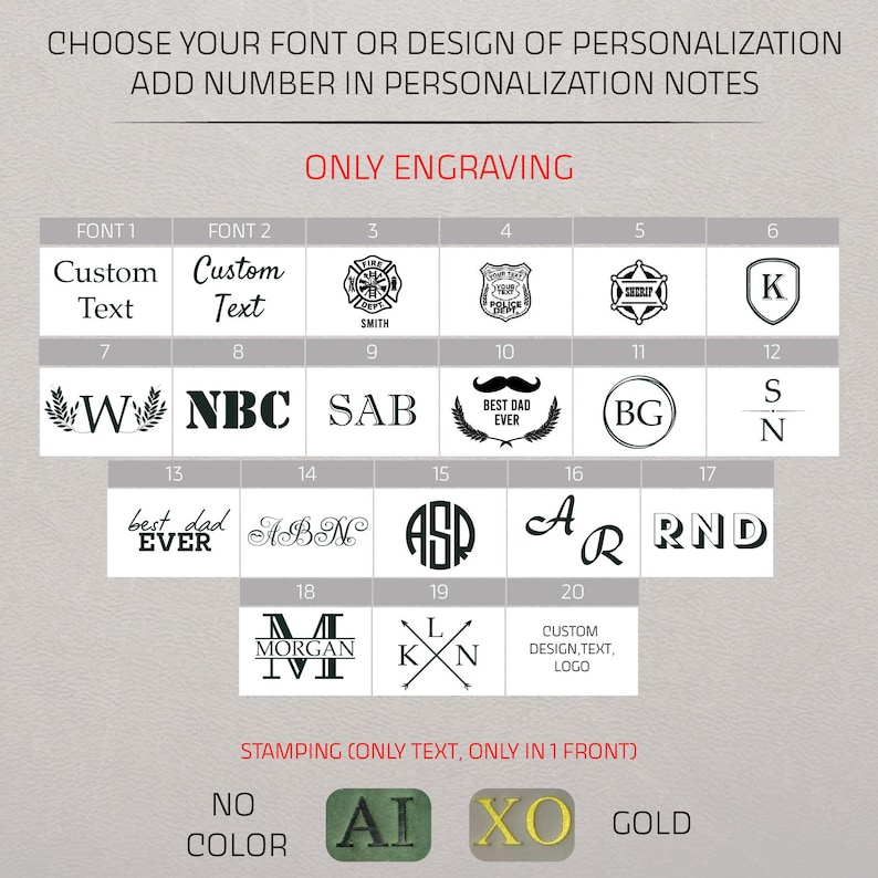 Puede incluir: Imagen que muestra opciones de fuentes y dise&ntilde;os para personalizaci&oacute;n, incluyendo texto personalizado, insignias, iniciales y logotipos. Opciones de grabado y estampado disponibles, con opciones de color como oro y verde.