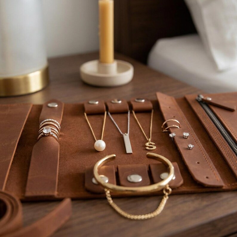 K&ouml;nnte beinhalten: Ein Schmuck-Organizer aus braunem Leder mit einem Druckknopfriemen f&uuml;r Ringe, drei Kettenhaltern mit einem Perlenanh&auml;nger, einem rechteckigen Stabanh&auml;nger und einem S-Initialen-Anh&auml;nger sowie einem goldenen Armreif und kleinen Ohrsteckern.