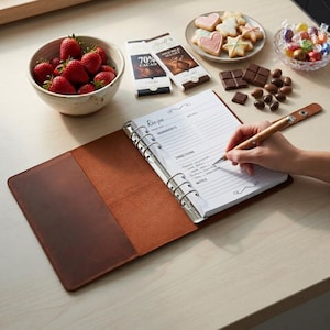 May include: A brown leather recipe binder is open on a light wood surface, with a hand writing in it. A bowl of strawberries, chocolate bars, cookies, and candies are nearby. The binder has a three-ring mechanism.