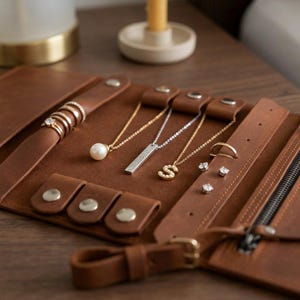 K&ouml;nnte beinhalten: Ein Schmuck-Organizer aus braunem Leder mit einem Ringhalter mit Druckknopf, drei Halskettenriemen mit Druckkn&ouml;pfen und einer Rei&szlig;verschlusstasche. Der Organizer enth&auml;lt eine Perlenkette, einen rechteckigen Anh&auml;nger, einen S-Anh&auml;nger und Ohrringe.