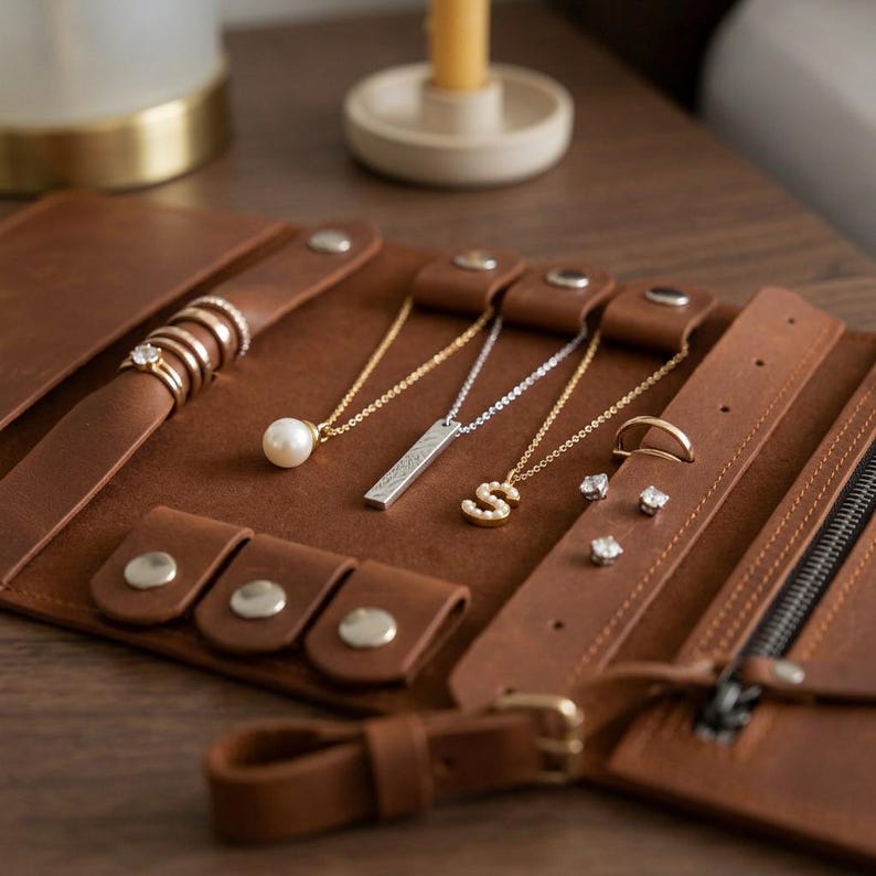 K&ouml;nnte beinhalten: Ein Schmuck-Organizer aus braunem Leder mit einem Ringhalter mit Druckknopf, drei Halskettenriemen mit Druckkn&ouml;pfen und einer Rei&szlig;verschlusstasche. Der Organizer enth&auml;lt eine Perlenkette, einen rechteckigen Anh&auml;nger, einen S-Anh&auml;nger und Ohrringe.