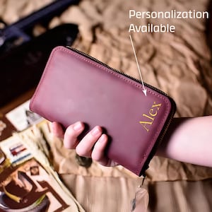 Portefeuille long en cuir personnalisé, portefeuille zippé en cuir pour femme, grand portefeuille en cuir, portefeuille personnalisé pour femme, portefeuille long monogrammé