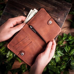 Cartera pequeña de cuero para hombre, Cartera plegable grabada para él, Cartera plegable de cuero personalizada, Cartera delgada para hombre, Cartera con bolsillo para monedas