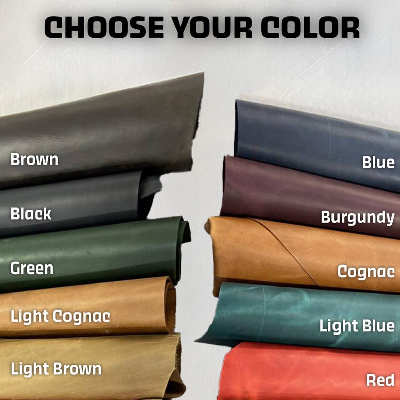 K&ouml;nnte beinhalten: Eine Sammlung von Lederst&uuml;cken, die in zwei Spalten angeordnet sind, mit dem Text CHOOSE YOUR COLOR oben. Die Farben umfassen Braun, Schwarz, Gr&uuml;n, helles Cognac, helles Braun, Blau, Burgunderrot, Cognac, helles Blau und Rot, jeweils beschriftet.