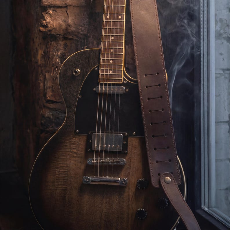 K&ouml;nnte beinhalten: Eine E-Gitarre mit dunkler Holzmaserung, schwarzem Schlagbrett und silberner Hardware, kombiniert mit einem breiten braunen Ledergurt, der eine Reihe vertikaler Einstellschlitze und einen einzelnen Metallniet am unteren Befestigungspunkt aufweist.