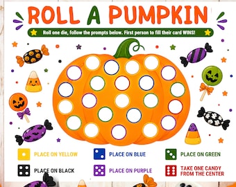 May include: A Roll a Pumpkin game sheet featuring a large orange pumpkin with empty circles, surrounded by Halloween candy illustrations. Text includes instructions and dice-based prompts for gameplay, with a white background and colourful accents.