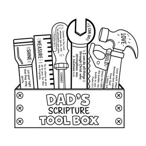 Puede incluir: Ilustración en blanco y negro de una caja de herramientas llena de herramientas. La caja de herramientas está etiquetada como "DAD'S SCRIPTURE TOOL BOX". Las herramientas incluyen una llave inglesa, una sierra, un martillo, un destornillador y una regla. Cada herramienta tiene una palabra o frase como "SHINE" o "BUILD".