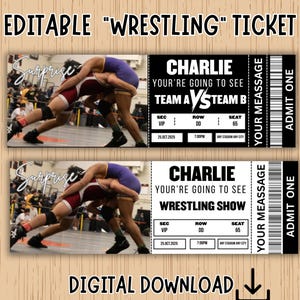 Puede incluir: Dos entradas de lucha libre con una foto de luchadores en acción. Las entradas tienen el texto "EDITABLE 'WRESTLING' TICKET" y "DIGITAL DOWNLOAD". Una entrada dice "CHARLIE, YOUR'RE GOING TO SEE TEAM A VS TEAM B". La otra dice "CHARLIE, YOUR'RE GOING TO SEE WRESTLING SHOW".