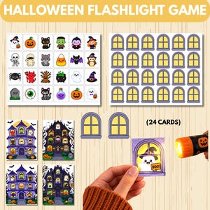 Op de afbeelding: Een Halloween zaklamp spelset met een vel van 24 kleurrijke karakterkaarten, een vel met 24 raamkaarten, vier spookhuis scènekaarten, twee losse raamuitsparingen en een kleine oranje zaklamp met een pompoenafbeelding.
