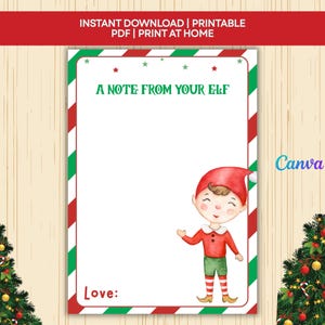 Puede incluir: Una tarjeta de notas imprimible con temática navideña con un borde a rayas rojas y verdes. La tarjeta presenta el texto "A NOTE FROM YOUR ELF" y una ilustración de un elfo. El texto "Love:" está en la parte inferior.