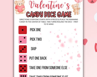 Pode incluir: Um jogo de dados de doces de São Valentim imprimível com um fundo rosa e branco. O jogo apresenta instruções, ações de lançamento de dados e ilustrações de ursinhos de pelúcia e corações. O texto inclui "Pick One", "Pick Two" e "Take Two From Someone Else".