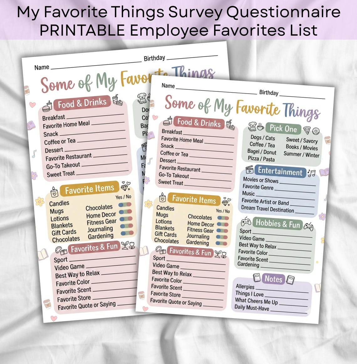 My Favorite Things Survey Questionnaire, PRINTABLE Employee Favorites ...