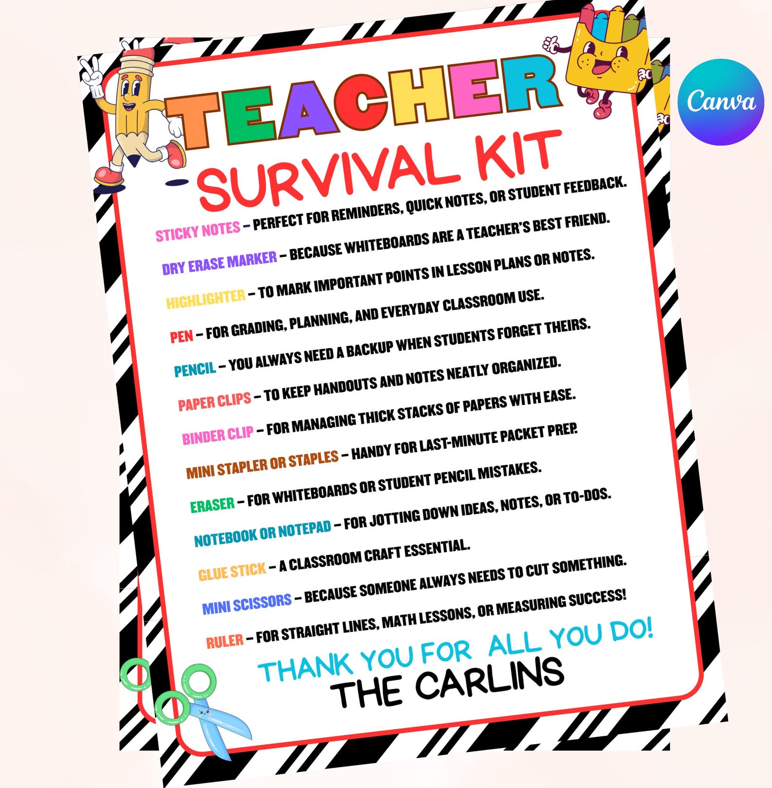 EDITABLE Teacher Survival Kit Printable, Back to School Teacher Gift ...