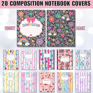 May include: A digital collection of 20 composition notebook covers featuring various patterns including black and white speckled designs, pastel stripes, rainbows, flowers, hearts, stars, smiley faces, strawberries, mermaids, and bows.