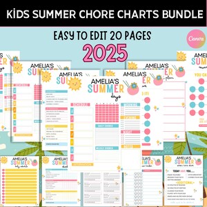 Canva editable kids Summer chore charts bundle,summer Checklist, Summer bed routine ,Summer chore list,summer Bucket List,summer screen time