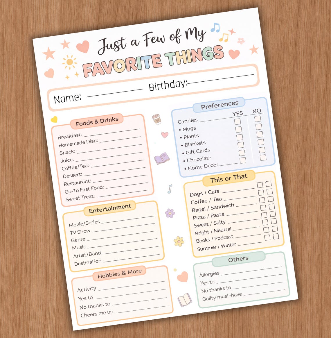 My Favorite Things Survey Questionnaire, PRINTABLE Employee Favorites ...