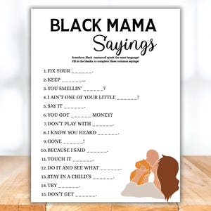Iconische Black Mama Sayings met antwoordtoets Babyshowerspel | Zwart babyshowerspel | Babyshoweractiviteit | Gezegden over bruine mama