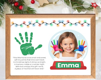 Julhandavtryck med fotoram av snöglob, personligt namn, digital nedladdning, redigerbar. gratis canvas. omedelbar nedladdning.