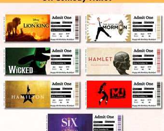 May include: A collection of custom theater, musical, and comedy tickets. The tickets feature designs for popular shows like "The Lion King," "Wicked," "Hamilton," and "Six." Each ticket includes the show's name, venue, and personalized details.