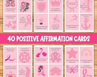 Puede incluir: Un conjunto de 40 tarjetas de afirmación rosas con varios mensajes e ilustraciones inspiradoras. Las tarjetas presentan frases como "Soy digno de curación" y "Elijo la esperanza sobre el miedo". Las palabras "40 Tarjetas de afirmación positivas" se muestran.