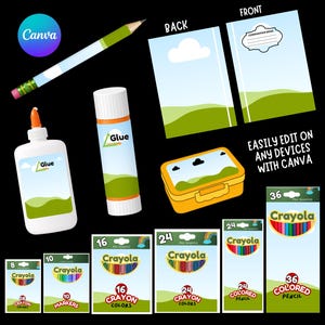 Puede incluir: Una colección digital de material escolar que incluye un lápiz, pegamento líquido, barra de pegamento, cuaderno, estuche y varias cajas de lápices de colores y rotuladores Crayola de 8 a 36 unidades, con el texto Easily Edit On Any Devices With Canva.