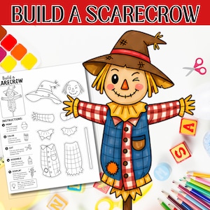 Spaventapasseri da ritagliare e incollare, Uomo di paglia autunnale da colorare e costruire, Kit artistico per bambole di carta per bambini, Attività stampabile autunnale con burattino guardiano del raccolto
