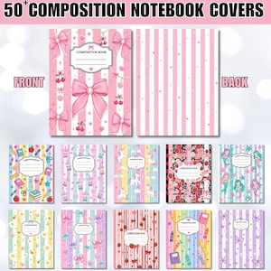 Könnte beinhalten: Eine Sammlung von über 50 Notizbuch-Einbänden mit verschiedenen Designs, darunter rosa Schleifen, Streifen, Einhörner, Meerjungfrauen, Erdbeeren und Schulbedarf. Jeder Einband enthält ein zentrales Etikett mit dem Text COMPOSITION BOOK.