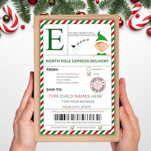 Etiqueta de envío de elfo personalizada, pegatina de correo electrónico de elfo, sello de entrega de elfo, sello del Polo Norte, plantilla editable de etiqueta de envío de Papá Noel, correo del Polo Norte