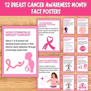 Puede incluir: Un conjunto de 12 carteles rosas con información sobre la concienciación sobre el cáncer de mama. Los carteles incluyen datos, formas de participar, factores de riesgo y cómo realizar un autoexamen de mama. El texto incluye "Mes de Concienciación sobre el Cáncer de Mama".