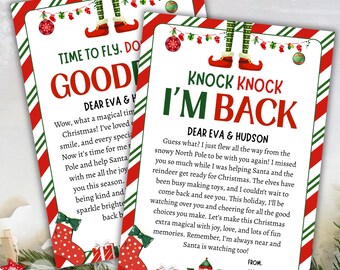May include: Two Christmas-themed cards with red and white striped borders. One card reads "TIME TO FLY. DO GOOD" and the other says "KNOCK KNOCK I'M BACK." Both cards have elf-themed decorations and text addressed to "EVA & HUDSON."