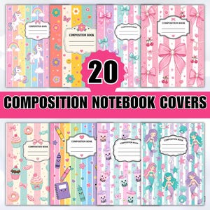 May include: A collection of 20 composition notebook covers featuring colorful vertical stripes and various patterns including unicorns, rainbows, bows, cherries, cupcakes, donuts, school supplies, boba tea, and mermaids with labels reading COMPOSITION BOOK.