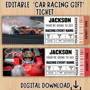 Editable Car Racing Surprise Gift Ticket Template, racing car ticket,  Car Racing Event Voucher, racing gift ticket for birthday/christmas