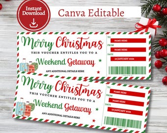 Christmas Weekend Getaway Gift Voucher | Surprise Weekend Away Ticket | Christmas Trip Travel Voucher | Printable Trip Away Gift Certificate