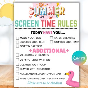 Editable Summer Screen Time Checklist, Screen Time Rules, Screen Time Chore Chart, Screen Time Tracker, Printable summer Chore List for Kids